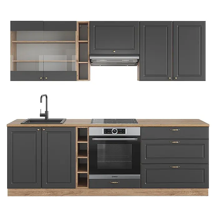 Vicco Küchenzeile Fame-Line Anthrazit Landhaus/Goldkraft Eiche ohne Arbeitsplatte - Breite: 235 cm, Anthrazit Landhaus, Ohne Elektrogeräte - Moderne dunkelgraue Küchenzeile mit heller Holzplatte, Spüle, Ofen und Kochfeld, inklusive Glasoberschränken.