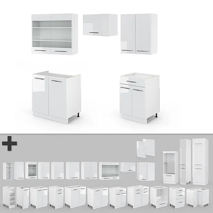 Vicco Küchenzeile Fame-Line Weiß Hochglanz/Weiß ohne Arbeitsplatte - Breite: 200 cm, Weiß Hochglanz, Ohne Elektrogeräte - Set aus verschiedenen weißen Hochglanz-Modulküchenschränken, inklusive Ober-, Unter-, Schubladen- und Hochschränken.