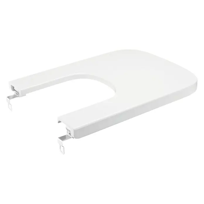Roca Tapa de bidé Dama-N Compact - Blanco, Plástico termoendurecido - Primer plano de un asiento de ducha blanco en forma de U con soportes metálicos, que ofrece comodidad y estabilidad en el baño.