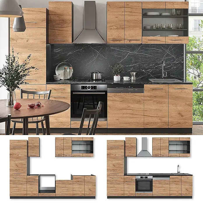 Vicco Küchenzeile Fame-Line Goldkraft Eiche/Anthrazit, AP Eiche - Breite: 300 cm, Goldkraft Eiche, Ohne Elektrogeräte - Moderne Modulküche mit hellen Holzmaserungsschränken, dunkler Marmoroptik-Rückwand, integrierten Geräten und grauer Dunstabzugshaube.