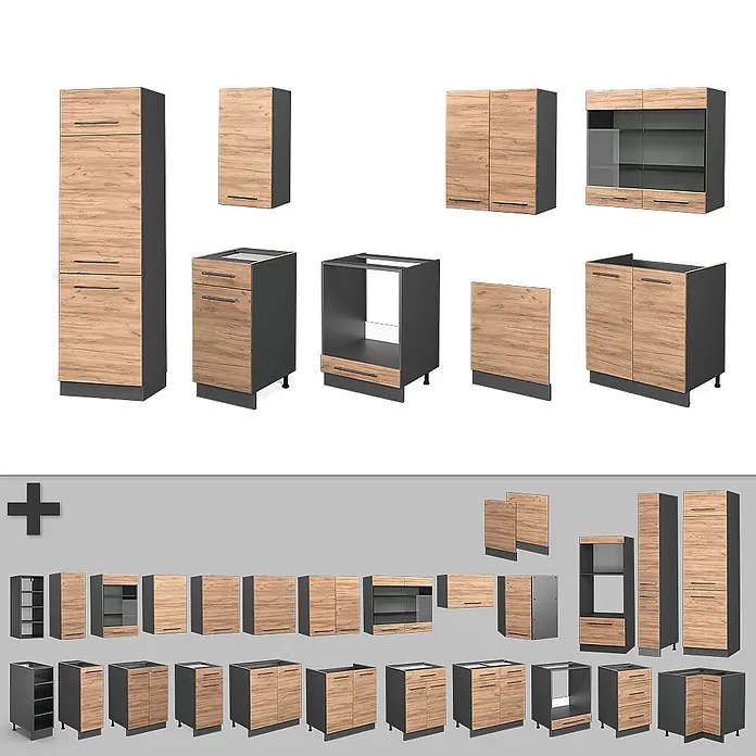 Vicco Küchenzeile Fame-Line Goldkraft Eiche/Anthrazit, AP Eiche - Breite: 300 cm, Goldkraft Eiche, Ohne Elektrogeräte - Modulares Küchenschrank-Set mit Holzoptik-Fronten und dunkelgrauen Korpi, das verschiedene Konfigurationen zeigt.