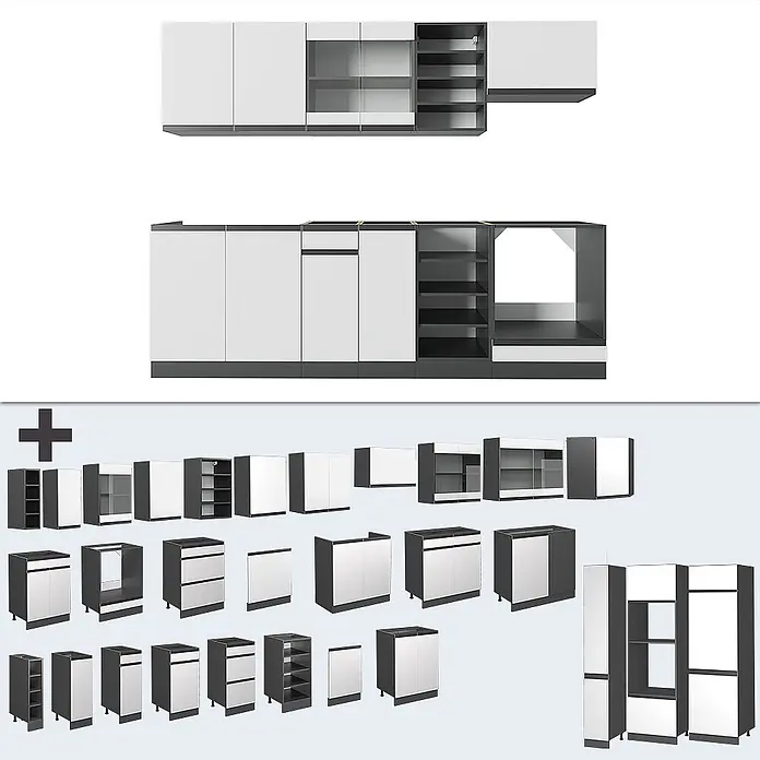 Vicco Küchenzeile R-Line Weiß/Anthrazit J-Shape - Weiß, Ohne Elektrogeräte - Modulares Küchenschranksystem mit weißen Fronten und dunkelgrauen Rahmen. Enthält diverse Unter-, Wand- und Hochschränke.