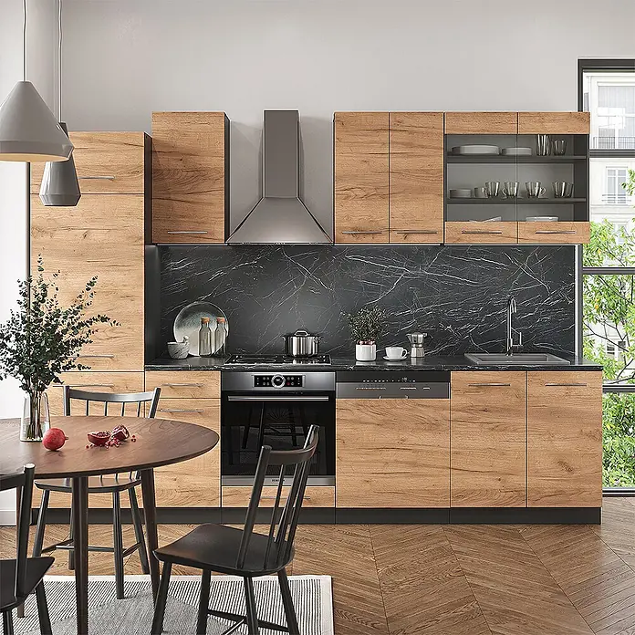 Vicco Küchenzeile Fame-Line Goldkraft Eiche/Anthrazit, AP Eiche - Breite: 300 cm, Goldkraft Eiche, Ohne Elektrogeräte - Moderne Küche mit Holzoptik-Schränken und schwarzer Marmor-Arbeitsplatte, inklusive integrierter Geräte und Essbereich.