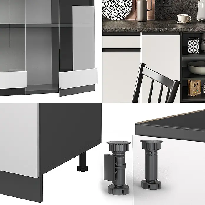 Vicco Küchenzeile R-Line Weiß/Anthrazit J-Shape - Weiß, Ohne Elektrogeräte - Details eines modernen dunkelgrau-weißen Schranksystems: Glasschiebetüren, integrierte Griffe, verstellbare Möbelfüße.