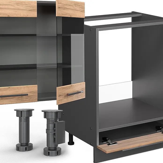 Vicco Küchenzeile Fame-Line Goldkraft Eiche/Anthrazit, AP Eiche - Breite: 300 cm, Goldkraft Eiche, Ohne Elektrogeräte - Dunkelgraue modulare Küchenschränke mit hellen Holz- und Glaselementen sowie verstellbaren Füßen.
