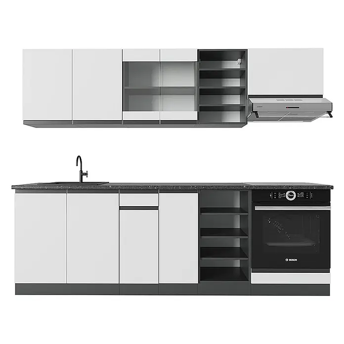 Vicco Küchenzeile R-Line Weiß/Anthrazit J-Shape - Breite: 240 cm, Weiß, Ohne Elektrogeräte - Moderne weiße Küche mit dunkelgrauen Akzenten, schwarzer Arbeitsplatte, Spüle, Backofen und Dunstabzugshaube aus Edelstahl.