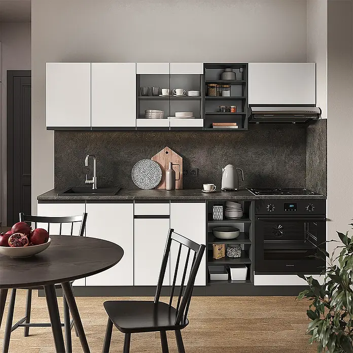 Vicco Küchenzeile R-Line Weiß/Anthrazit J-Shape - Weiß, Ohne Elektrogeräte - Moderne Küche mit weißen und dunkelgrauen Schränken, dunkler Arbeitsplatte und integrierten Geräten. Mit Esstisch.