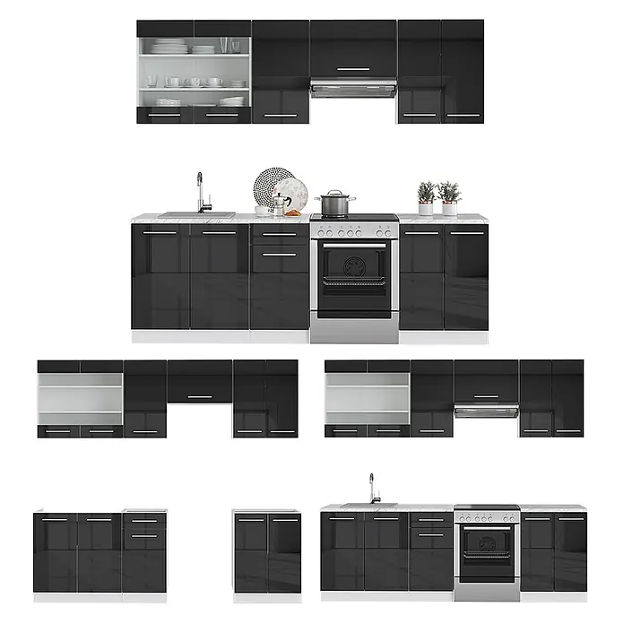Vicco Küchenzeile Fame-Line Anthrazit Hochglanz/Weiß, AP Eiche - Anthrazit Hochglanz, Ohne Elektrogeräte - Modulares Küchenschrank-Set in Schwarz Hochglanz mit Ofen, Dunstabzugshaube und Spüle. Weiße Innenregale.