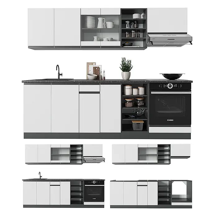 Vicco Küchenzeile R-Line Weiß/Anthrazit J-Shape - Weiß, Ohne Elektrogeräte - Modernes Küchenset mit weißen Schränken, dunkelgrauen Arbeitsplatten, integriertem Backofen, Spüle und Dunstabzugshaube. Mit offenen Regalen.