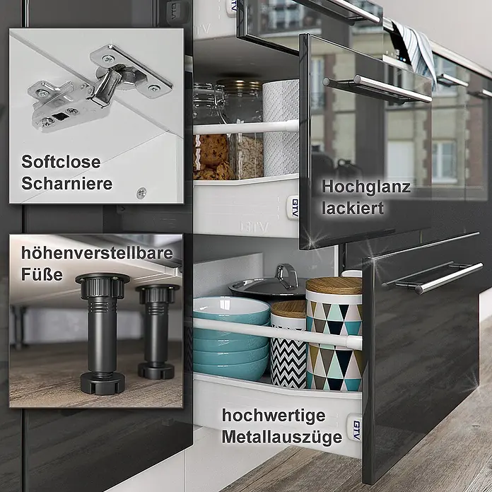 Vicco Küchenzeile Fame-Line Anthrazit Hochglanz mit Hochschrank, ohne Arbeitsplatte - Anthrazit Hochglanz, Ohne Elektrogeräte - Glänzende dunkelgraue Küchenschränke mit Softclose-Scharnieren, höhenverstellbaren Füßen und Metallauszügen.