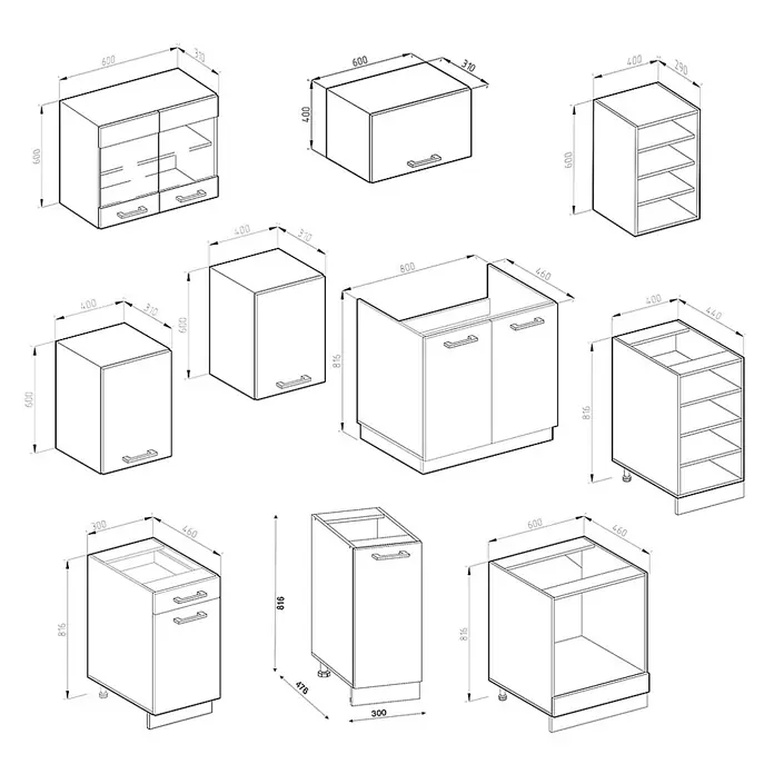 Vicco Küchenzeile R-Line Goldkraft Eiche/Anthrazit J-Shape, AP Eiche - Goldkraft Eiche, Ohne Elektrogeräte - Technische Strichzeichnungen verschiedener Küchenschrankmodule mit bemaßten Abmessungen.