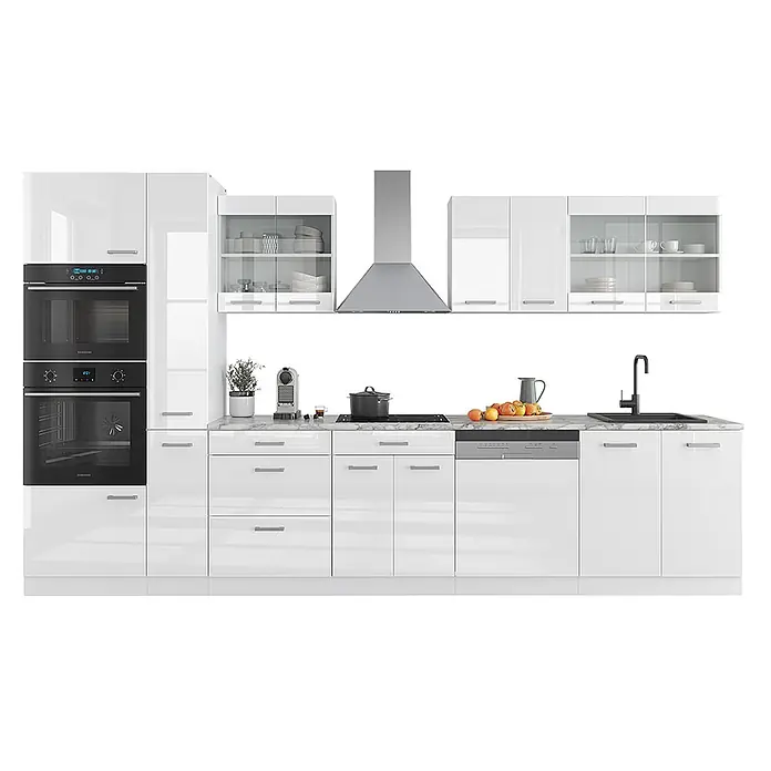 Vicco Küchenzeile R-Line Weiß Hochglanz/Weiß mit Hochschrank, AP Anthrazit - Weiß Hochglanz, Ohne Elektrogeräte - Moderne Küche mit weißen Hochglanzschränken, integrierten schwarzen Öfen, Kochfeld, Geschirrspüler und Marmor-Arbeitsplatte.