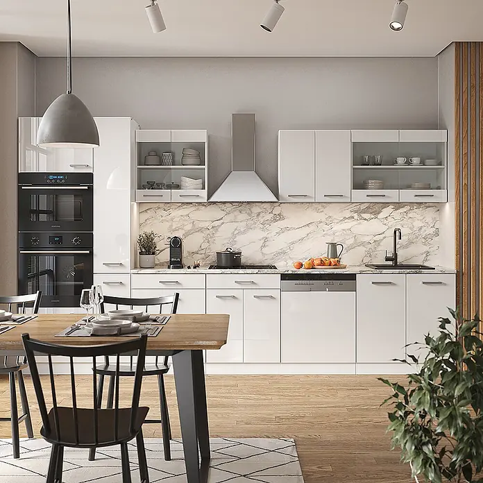 Vicco Küchenzeile R-Line Weiß Hochglanz/Weiß mit Hochschrank, AP Anthrazit - Weiß Hochglanz, Ohne Elektrogeräte - Moderne Küche mit weißen Hochglanzschränken, Marmorrückwand, integrierten Geräten und schwarzer Spüle, mit Esstisch.