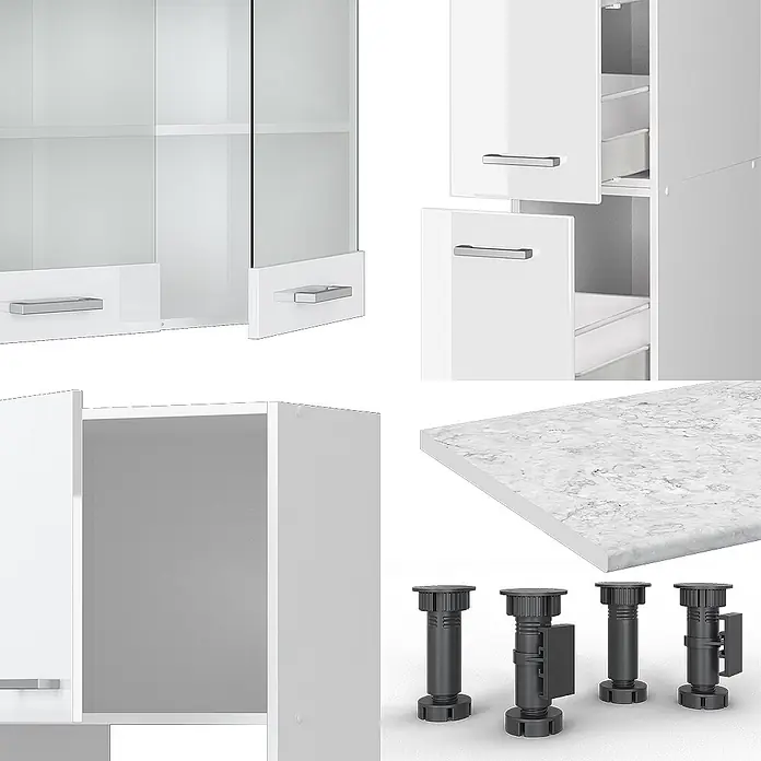 Vicco Küchenzeile R-Line Weiß Hochglanz/Weiß mit Hochschrank, AP Anthrazit - Weiß Hochglanz, Ohne Elektrogeräte - Modulare weiße Küchenschrankkomponenten: Fronten, Rahmen, Arbeitsplatte in Marmoroptik und verstellbare schwarze Beine.