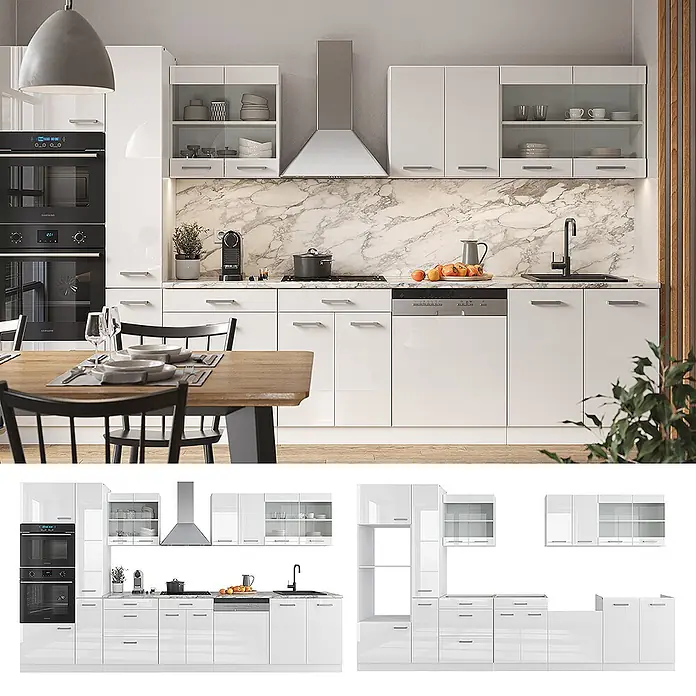 Vicco Küchenzeile R-Line Weiß Hochglanz/Weiß mit Hochschrank, AP Anthrazit - Weiß Hochglanz, Ohne Elektrogeräte - Komplette Hochglanz-Weißküche mit integrierten Geräten und Marmor-Rückwand in modernem Ambiente.