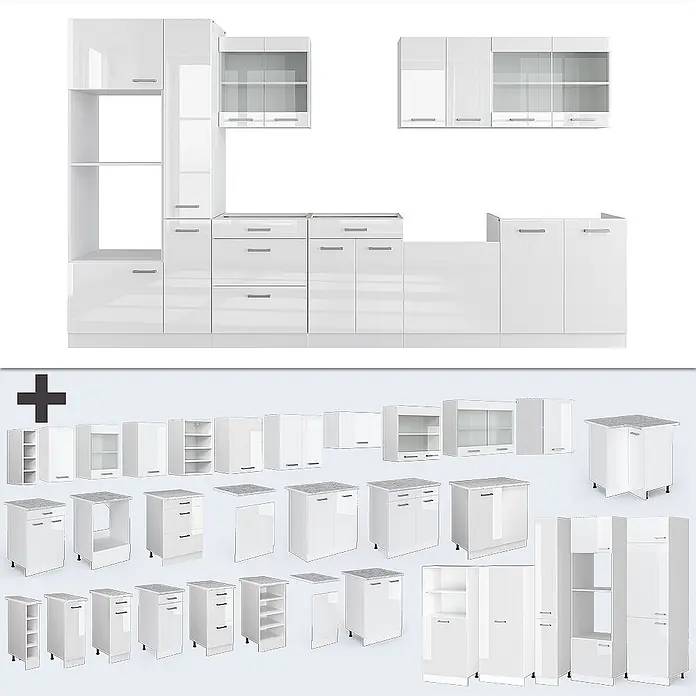 Vicco Küchenzeile R-Line Weiß Hochglanz/Weiß mit Hochschrank, AP Anthrazit - Weiß Hochglanz, Ohne Elektrogeräte - Weißes Hochglanz-Modulküchensystem mit verschiedenen Unter-, Ober- und Hochschränken.