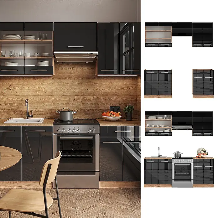 Vicco Küchenzeile Fame-Line Anthrazit Hochglanz/Goldkraft Eiche ohne Arbeitsplatte - Anthrazit Hochglanz, Ohne Elektrogeräte - Moderne Hochglanz-Einbauküche in Schwarz mit Holzdetails, Spüle und integriertem Backofen.