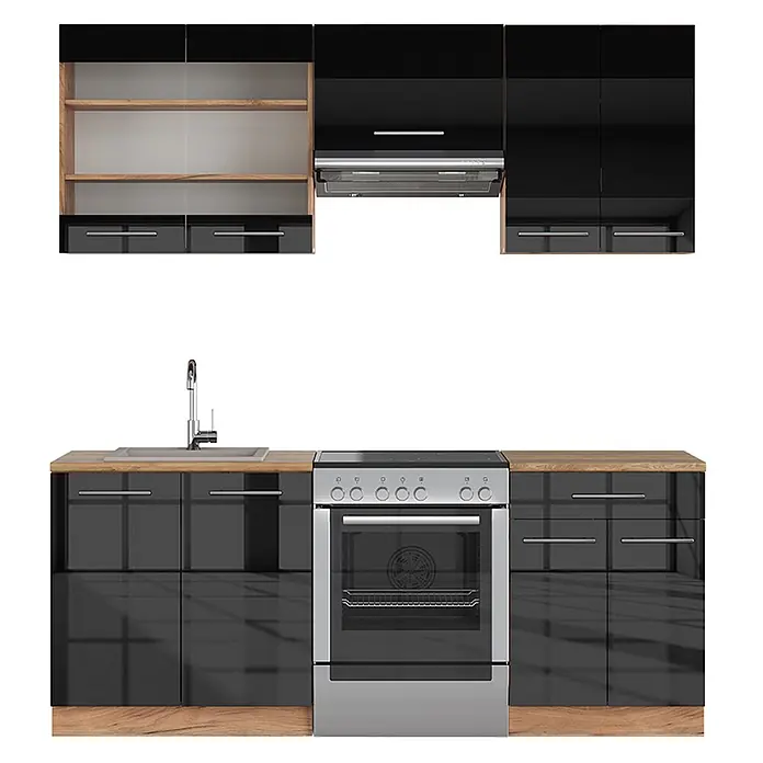 Vicco Küchenzeile Fame-Line Anthrazit Hochglanz/Goldkraft Eiche ohne Arbeitsplatte - Anthrazit Hochglanz, Ohne Elektrogeräte - Moderne schwarze Hochglanz-Küchenzeile mit Holzplatten und Regalen, inklusive Spüle und freistehendem Backofen.