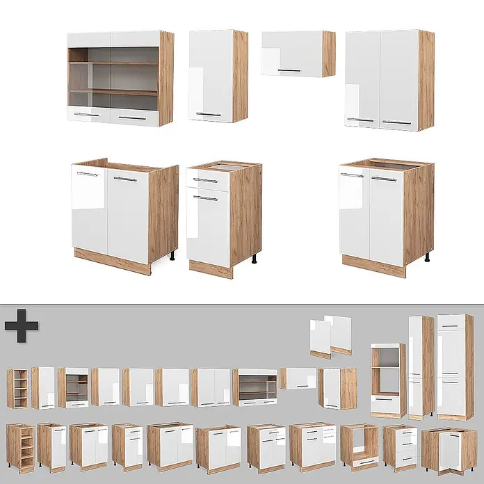 Vicco Küchenzeile Fame-Line Weiß Hochglanz/Goldkraft Eiche ohne Arbeitsplatte - Weiß Hochglanz, Ohne Elektrogeräte - Modulares Küchenschrank-Set mit weißen Hochglanzfronten und hellen Holzkorpussen, zeigt verschiedene Unter- und Oberschränke.