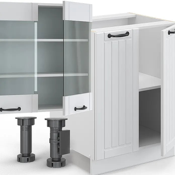 Vicco Küchenzeile Fame-Line Weiß Landhaus/Weiß mit Hochschrank, AP Anthrazit - Weiß Landhaus, Ohne Elektrogeräte - Weiße Küchenschränke mit Glas- und Massivholztüren sowie zwei dunkelgraue verstellbare Schranksockelfüße zur Montage.