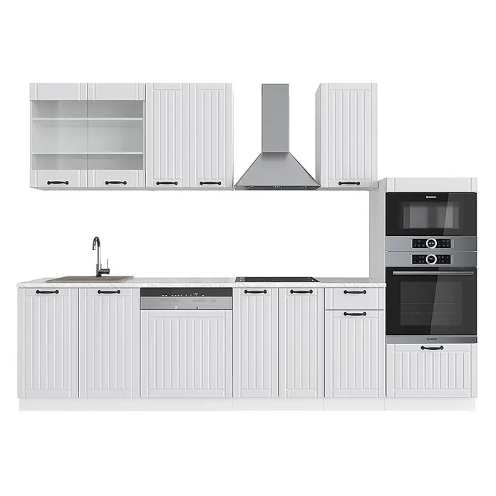 Vicco Küchenzeile Fame-Line Weiß Landhaus/Weiß mit Hochschrank, AP Marmor - Breite: 300 cm, Weiß Landhaus, Ohne Elektrogeräte - Weiße Küchenzeile mit geriffelten Schranktüren, schwarzen Griffen, Edelstahlspüle, Geschirrspüler, Kochfeld, Dunstabzugshaube und Einbaugeräten.