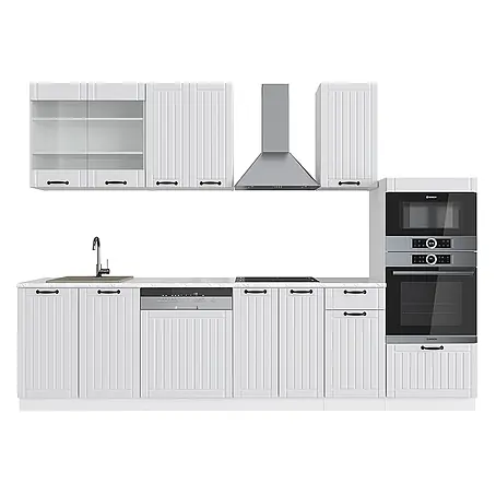 Vicco  Küchenzeile Fame-Line Weiß Landhaus/Weiß mit Hochschrank, AP Marmor