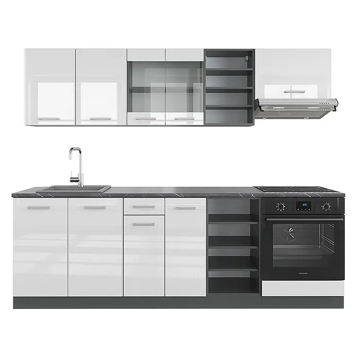 Vicco Küchenzeile R-Line Weiß Hochglanz/Anthrazit ohne Arbeitsplatte - Breite: 240 cm, Weiß Hochglanz, Ohne Elektrogeräte - Modernes weißes Hochglanz-Küchenset mit dunkelgrauen Elementen, Edelstahlspüle, schwarzem Kochfeld, Einbaubackofen und Dunstabzugshaube.