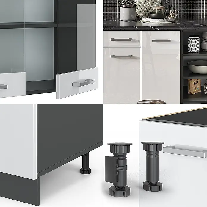 Vicco Küchenzeile R-Line Weiß Hochglanz/Anthrazit, AP Eiche - Breite: 240 cm, Weiß Hochglanz, Ohne Elektrogeräte - Weiße Hochglanz-Küchenschränke mit grauen Griffen, dunkelgrauen Korpusse und schwarzen verstellbaren Füßen.