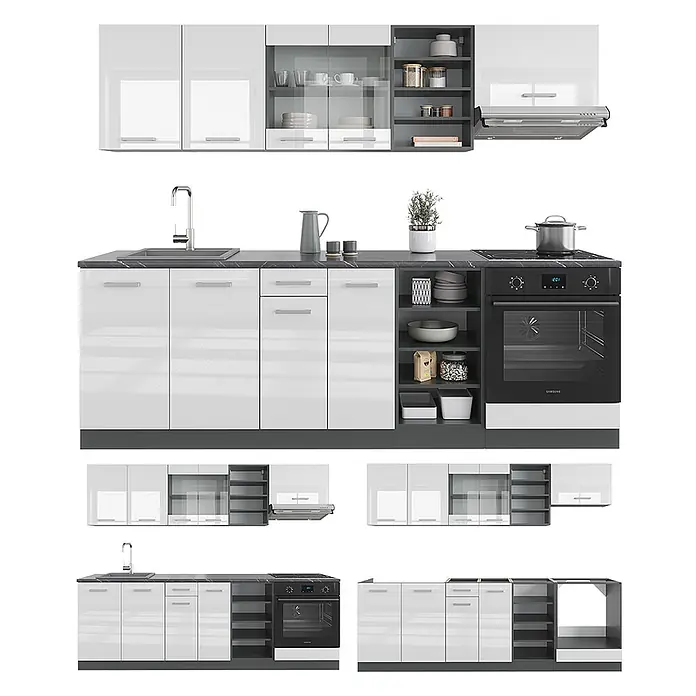 Vicco Küchenzeile R-Line Weiß Hochglanz/Anthrazit, AP Eiche - Breite: 240 cm, Weiß Hochglanz, Ohne Elektrogeräte - Moderne Küchenzeile mit glänzenden weißen Schränken, dunkelgrauer Arbeitsplatte, Spüle, Herd, Backofen und offenen Regalen.
