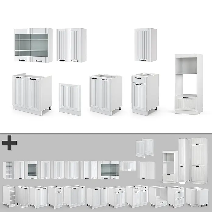 Vicco Küchenzeile Fame-Line Weiß Landhaus/Weiß mit Hochschrank, AP Eiche - Breite: 300 cm, Weiß Landhaus, Ohne Elektrogeräte - Set weißer modularer Küchenschränke, inklusive Unter-, Wand- und Hochschränke mit schwarzen Griffen und Lamellen- oder Glastürdesigns.
