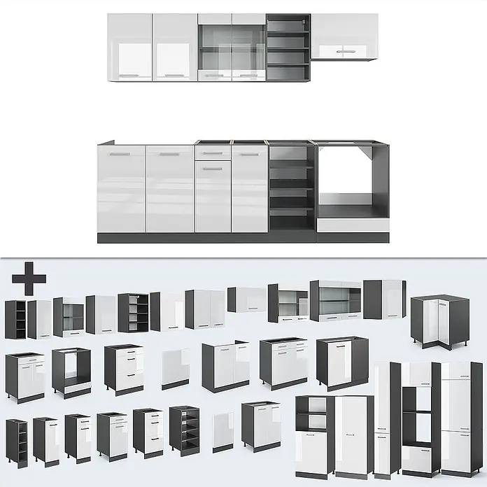 Vicco Küchenzeile R-Line Weiß Hochglanz/Anthrazit, AP Eiche - Breite: 240 cm, Weiß Hochglanz, Ohne Elektrogeräte - Modulares Küchenschranksystem mit weißen Hochglanzfronten und dunkelgrauen Korpi, mit verschiedenen Unter-, Ober- und Hochschränken.