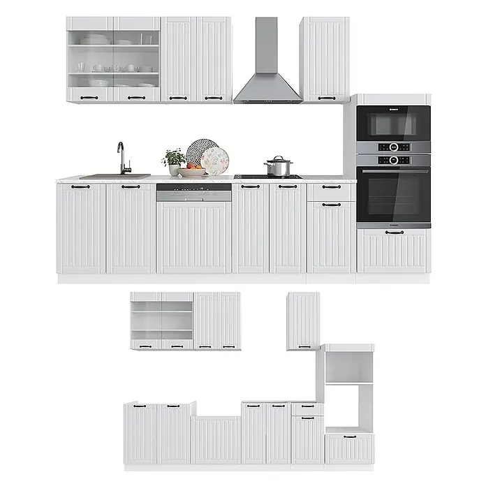 Vicco Küchenzeile Fame-Line Weiß Landhaus/Weiß mit Hochschrank, AP Anthrazit - Weiß Landhaus, Ohne Elektrogeräte - Weißes, modulares Küchenschrank-Set mit Lamellentüren, Spüle, Geschirrspüler, Backofen und Mikrowelle.