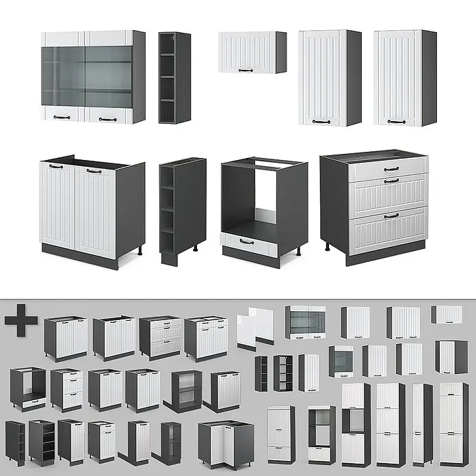 Vicco Küchenzeile Fame-Line Weiß Landhaus/Anthrazit, AP Marmor - Breite: 235 cm, Weiß Landhaus, Ohne Elektrogeräte - Modulares Küchenschranksystem mit weißen Türen/Schubladen und dunkelgrauen Rahmen. Enthält Ober-, Unter-, Schubladen- und offene Regaleinheiten.