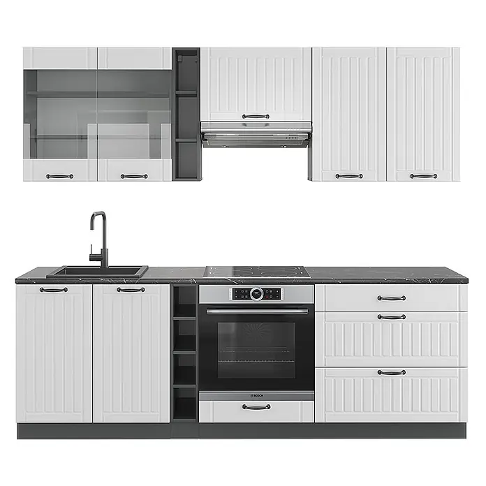 Vicco Küchenzeile Fame-Line Weiß Landhaus/Anthrazit ohne Arbeitsplatte - Breite: 235 cm, Weiß Landhaus, Ohne Elektrogeräte - Weiße modulare Küche mit Paneel-Schränken, schwarzer Arbeitsplatte, Spüle, Armatur, Backofen und Kochfeld.