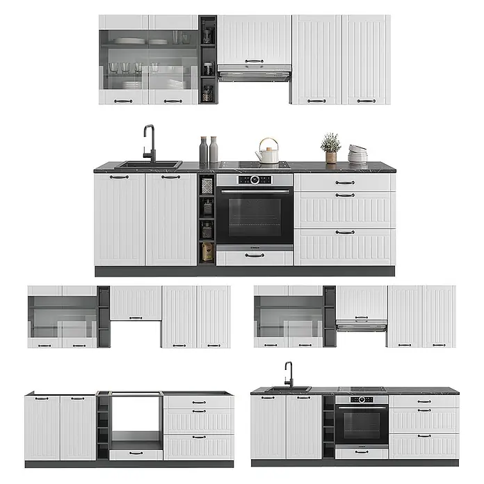 Vicco Küchenzeile Fame-Line Weiß Landhaus/Anthrazit, AP Eiche - Weiß Landhaus, Ohne Elektrogeräte - Weiße modulare Küchenschränke mit geriffelten Fronten, schwarzen Griffen und dunklen Arbeitsplatten, inklusive Spüle, Ofen und Schubladen.
