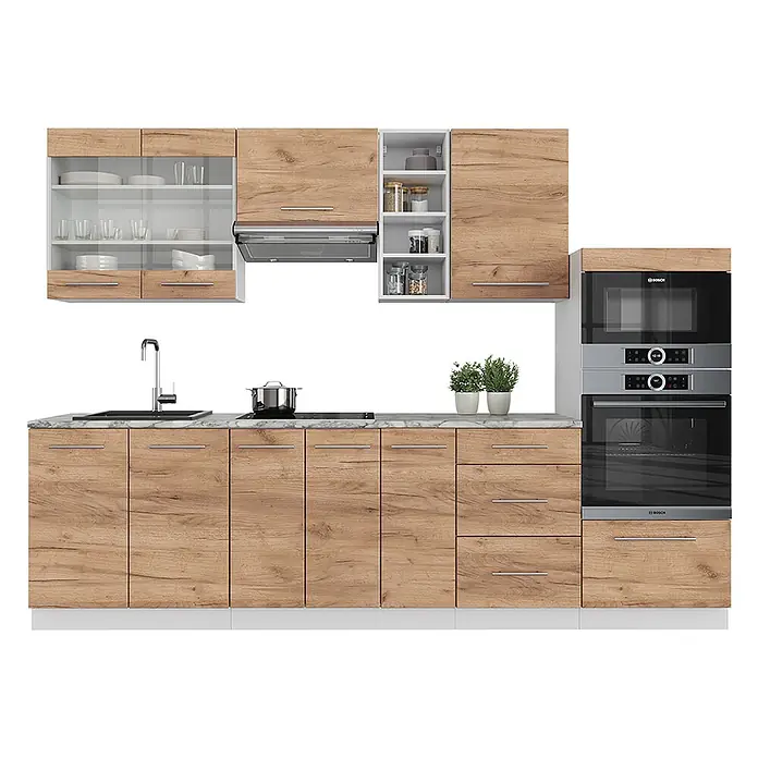 Vicco Küchenzeile Fame-Line Goldkraft Eiche/Weiß, AP Marmor - Breite: 280 cm, Goldkraft Eiche, Ohne Elektrogeräte - Moderne Küchenzeile mit hellen Holzmaserungsschränken, dunkelgrauer Arbeitsplatte, Spüle, Kochfeld, Backofen, Mikrowelle und Dunstabzugshaube.
