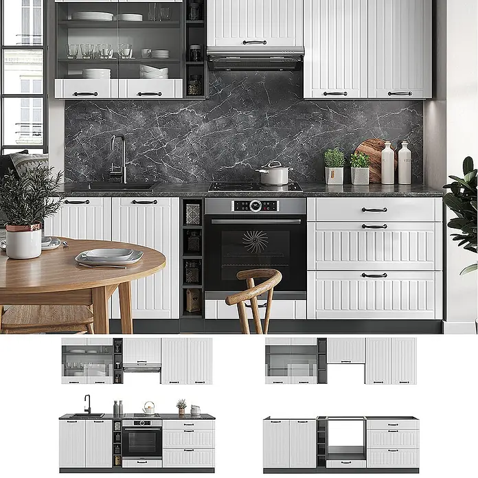 Vicco Küchenzeile Fame-Line Weiß Landhaus/Anthrazit, AP Eiche - Weiß Landhaus, Ohne Elektrogeräte - Weiße vertäfelte Küchenschränke mit schwarzen Griffen, dunkler Arbeitsplatte und Spritzschutz, inklusive integriertem Backofen und Kochfeld.