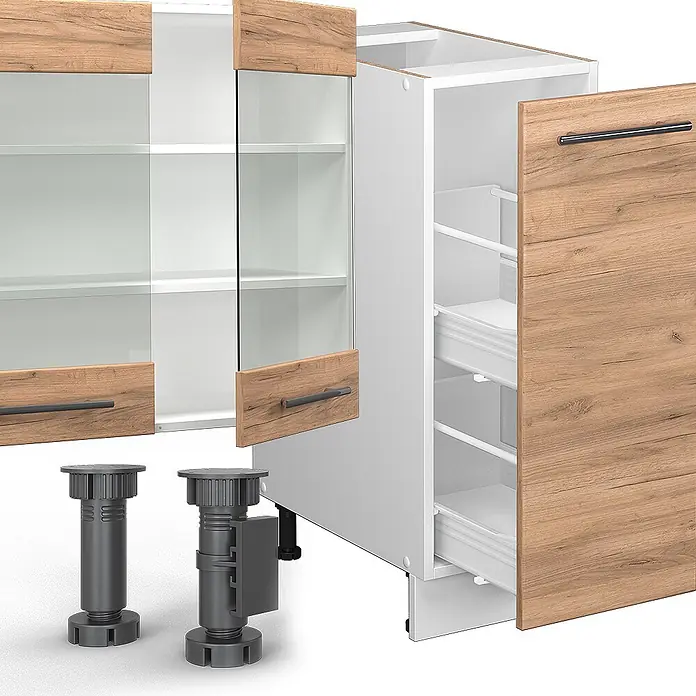 Vicco Küchenzeile Fame-Line Goldkraft Eiche/Weiß, AP Marmor - Breite: 280 cm, Goldkraft Eiche, Ohne Elektrogeräte - Weiße modulare Küchenschränke mit Holzdekor-Türen, Glasfronten, Apothekerschrank und verstellbaren Füßen.