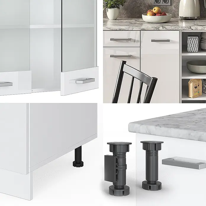 Vicco Küchenzeile R-Line Weiß Hochglanz/Weiß, AP Anthrazit - Breite: 240 cm, Weiß Hochglanz, Ohne Elektrogeräte - Weiße Küchenschränke mit glänzenden Fronten, modernen silbernen Griffen, verstellbaren Füßen und Arbeitsplatte in Marmoroptik.