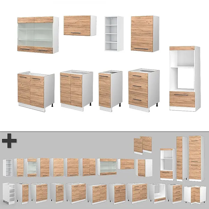 Vicco Küchenzeile Fame-Line Goldkraft Eiche/Weiß, AP Marmor - Breite: 280 cm, Goldkraft Eiche, Ohne Elektrogeräte - Modulares Küchenschranksystem mit Holzoptikfronten und weißen Korpen, inklusive Wand-, Unter- und Hochschränken.