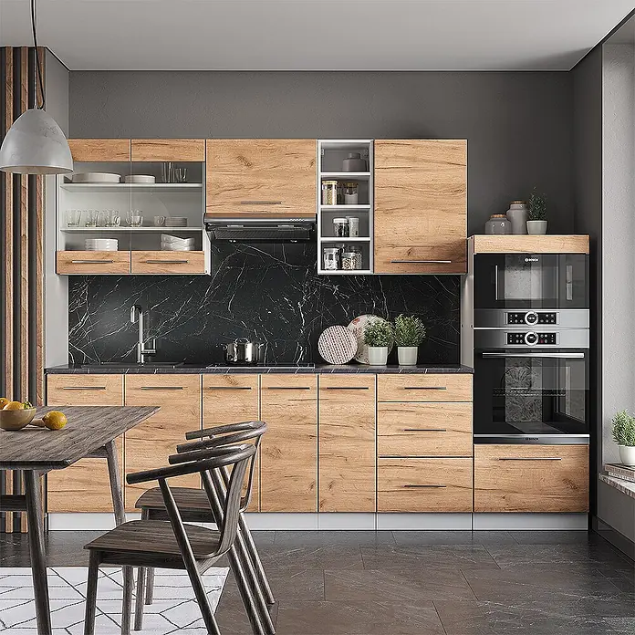 Vicco Küchenzeile Fame-Line Goldkraft Eiche/Weiß ohne Arbeitsplatte - Breite: 280 cm, Goldkraft Eiche, Ohne Elektrogeräte - Moderne Küche mit hellen Holzschränken, schwarzem Marmorspritzschutz und integrierten Geräten.