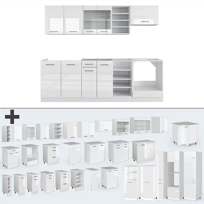 Vicco Küchenzeile R-Line Weiß Hochglanz/Weiß, AP Anthrazit - Breite: 240 cm, Weiß Hochglanz, Ohne Elektrogeräte - Weißes Hochglanz-Modulküchenschrank-Set mit verschiedenen Ober- und Unterschränken, inklusive Regalen und Schubladen.