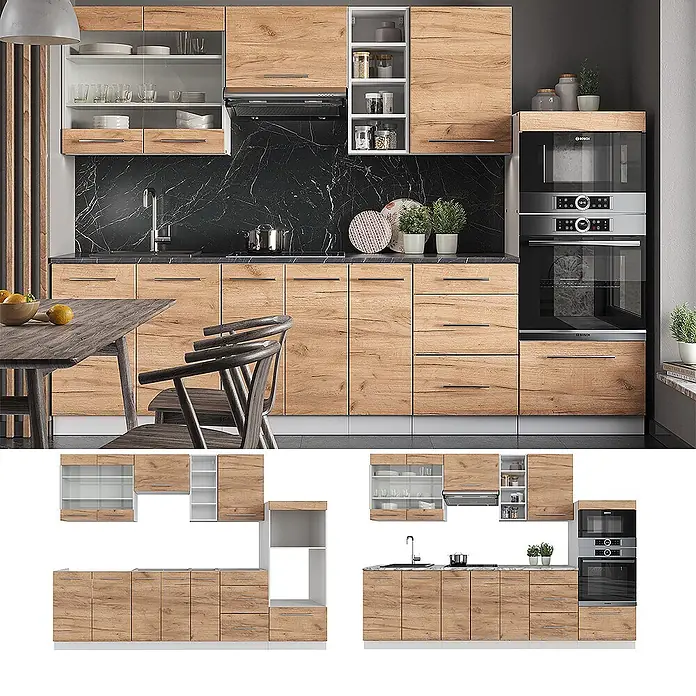 Vicco Küchenzeile Fame-Line Goldkraft Eiche/Weiß, AP Marmor - Breite: 280 cm, Goldkraft Eiche, Ohne Elektrogeräte - Moderne Küchenzeile mit hellen Eiche-Optik-Schränken, schwarzer Marmor-Arbeitsplatte und -Rückwand, inklusive Einbaugeräten.