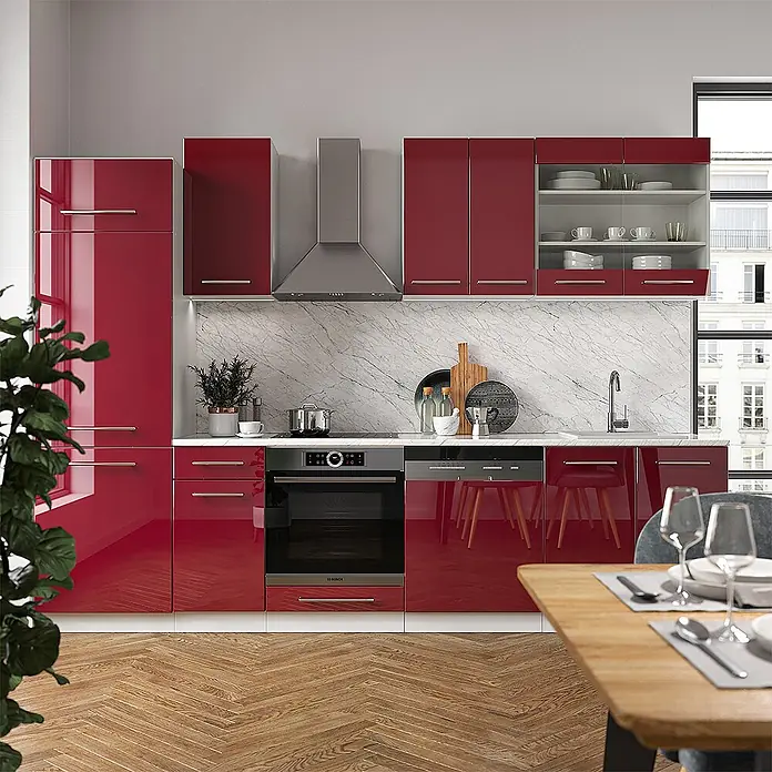 Vicco Küchenzeile Fame-Line Bordeaux Hochglanz/Weiß, AP Eiche - Breite: 300 cm, Bordeaux Hochglanz, Ohne Elektrogeräte - Moderne rote Hochglanzküche mit integrierten Geräten.