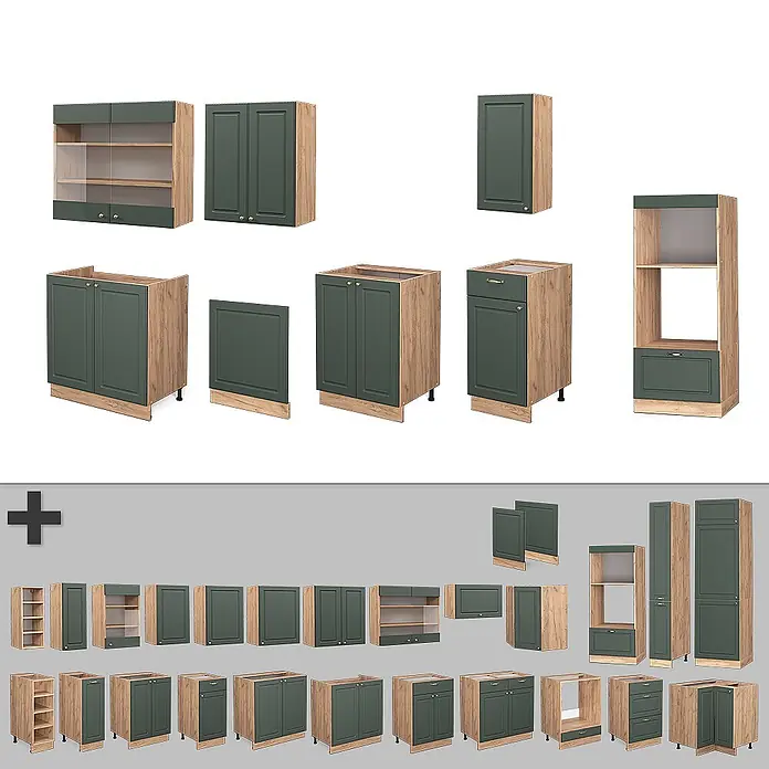 Vicco Küchenzeile Fame-Line Grün-Gold Landhaus mit Hochschrank, AP Anthrazit - Breite: 300 cm, Grün-Gold Landhaus, Ohne Elektrogeräte - Modulare Küchenschränke in Dunkelgrün und Holzoptik, darunter verschiedene Unter-, Ober- und Hochschränke.