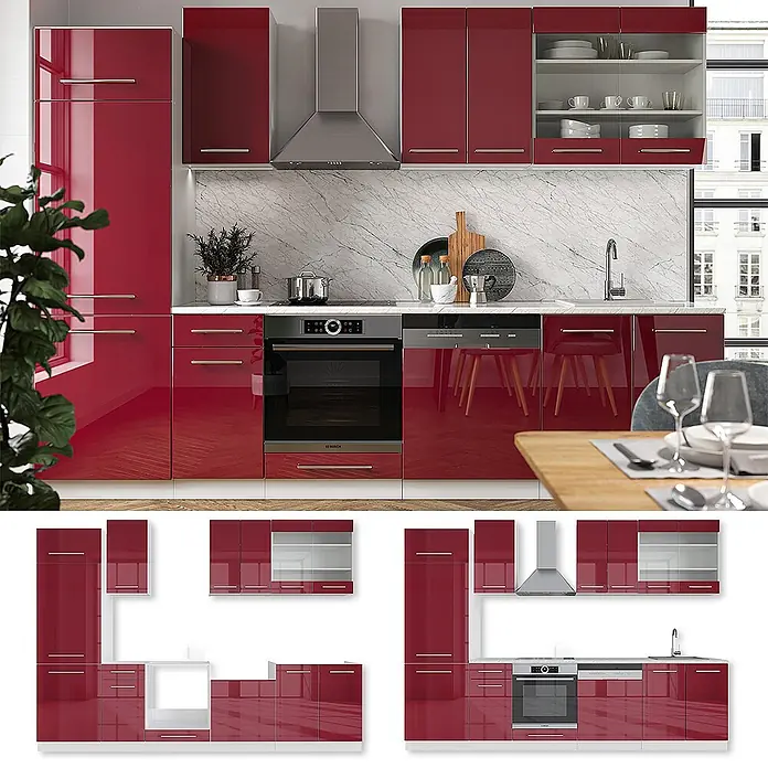 Vicco Küchenzeile Fame-Line Bordeaux Hochglanz/Weiß, AP Eiche - Breite: 300 cm, Bordeaux Hochglanz, Ohne Elektrogeräte - Hochglanzrote modulare Küche mit integrierten Geräten, Hochschränken und modernem Design.