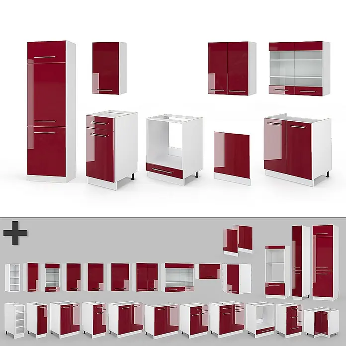 Vicco Küchenzeile Fame-Line Bordeaux Hochglanz/Weiß, AP Eiche - Breite: 300 cm, Bordeaux Hochglanz, Ohne Elektrogeräte - Modulares Küchenschrank-Set in Rot-Weiß, bestehend aus verschiedenen Unter- und Oberschränken mit Hochglanzfronten.