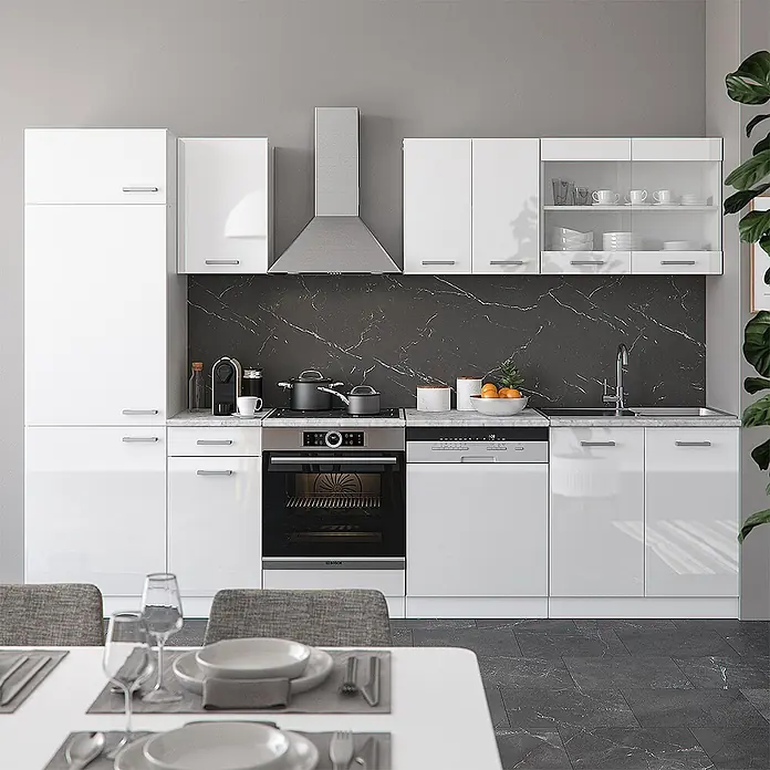 Vicco Küchenzeile R-Line Weiß Hochglanz/Weiß, AP Anthrazit - Breite: 300 cm, Weiß Hochglanz, Ohne Elektrogeräte - Moderne hochglänzende weiße Küche mit Einbaugeräten, schwarzer Marmorrückwand und Essbereich.
