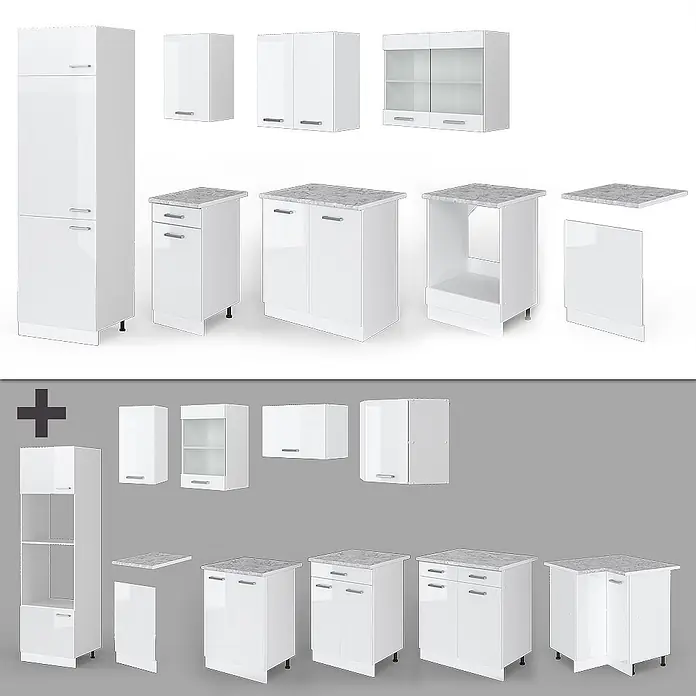 Vicco Küchenzeile R-Line Weiß Hochglanz/Weiß, AP Anthrazit - Breite: 300 cm, Weiß Hochglanz, Ohne Elektrogeräte - Set hochglänzender weißer Küchenschränke mit verschiedenen Konfigurationen und Arbeitsplatten in Marmoroptik.