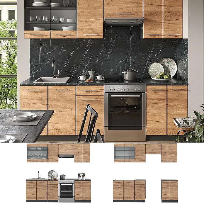 Vicco Küchenzeile Fame-Line Goldkraft Eiche/Anthrazit, AP Eiche - Goldkraft Eiche, Ohne Elektrogeräte - Modulare Küche mit hellen Holzfronten, schwarzer Marmoroptik-Arbeitsplatte, Spüle, Backofen und Stauraum.